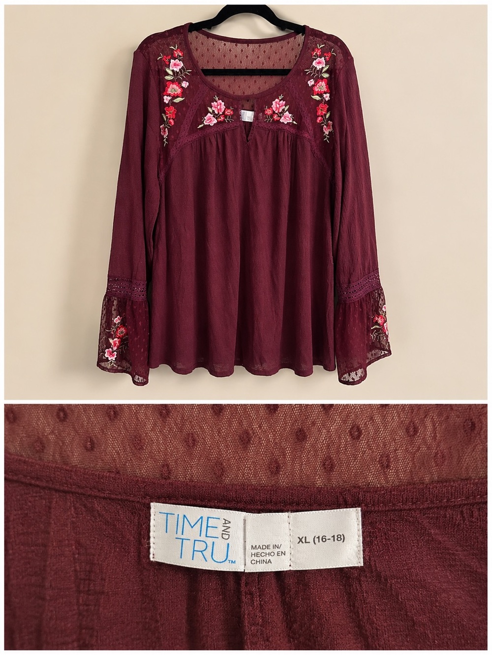 Time and Tru Burgundy Embroidered Bell Sleeve Blouse